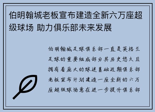 伯明翰城老板宣布建造全新六万座超级球场 助力俱乐部未来发展